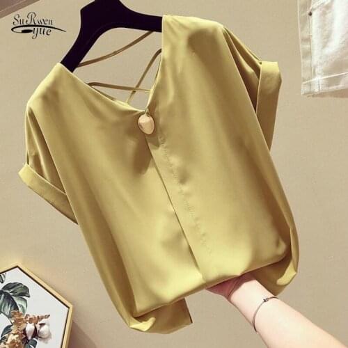 Summer Solid V-neck White Tops Chiffon Blouse Blusas Mujer De Moda New Korean Loose Short Sleeve Office Lady Clothes Blusas 9306