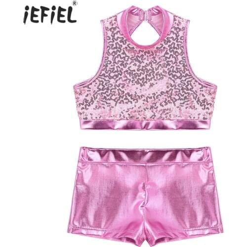 Girls Summer Clothes Set Fashion Sparkly Sequins Sleeveless Crop Top Metallic Bottoms Set Jazz Hip Hop Stage Dance Kids Clothes