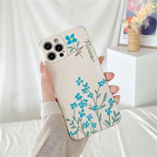 Retro sweet blue Wildflowers Oil painting art Phone Case For iPhone 11 12 Pro Max Xs Max XR Xs 7 8 Plus X 7Plus case Cute Cover