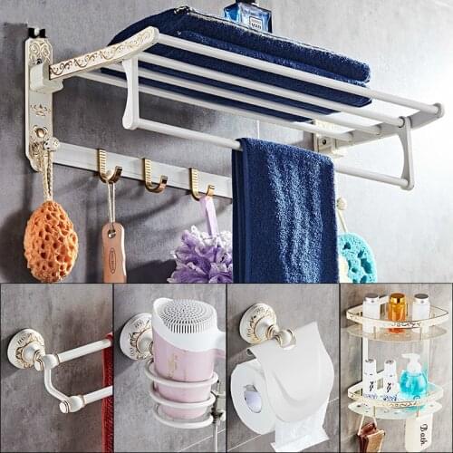 Bathroom Accessories Set Aluminum Carved Bath Hardware Sets Towel Rack,Paper holder Toilet Brush Holder White and Gold