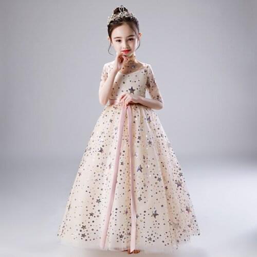 2019 New Retail Beauty Appliques Petal Princess Evening Prom Gown Long Dress With Stars Embroidery Cute Flower Girls Dress