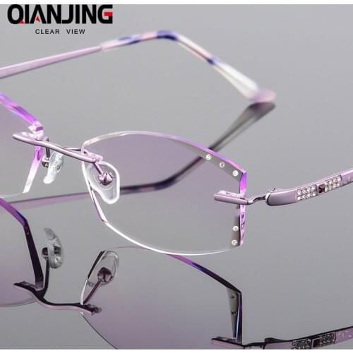 QJ Titanium Eyeglasses Rimless Women Luxury Diamonds Design High Clear Lenses Myopia Glasses Computer Ladies Reading Glasses