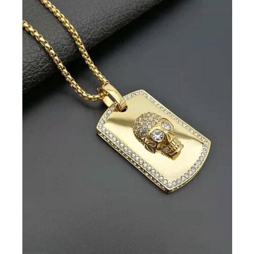 Hip Hop Rhinestones Paved Bling Iced Out Stainless Steel Skull Geometric Sqaure Pendant Necklace for Men Rapper Jewelry