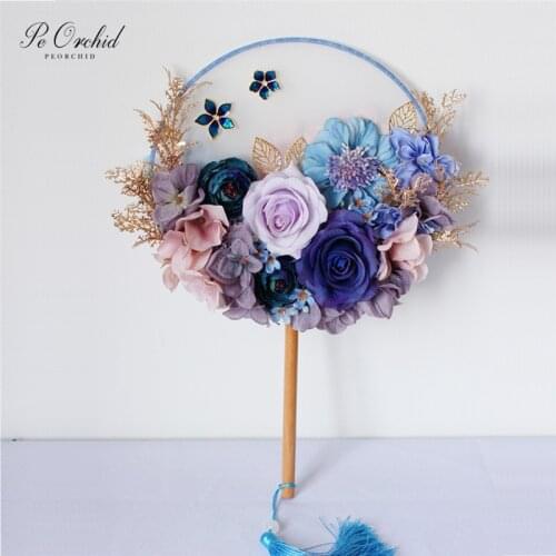 PEORCHID 2020 Royal Blue Chinese Bridal Fan Classic Palace Style Gold Jewelry Wedding Bride flowers Bouquet Hanfu Photograph