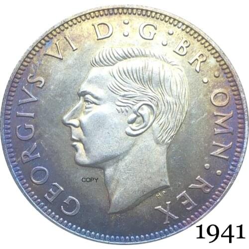 United Kingdom 1941 KG 1/2 Half Crown King George VI Left Sixth Great Britain HP Silver Plated Copy Coin Reeded Edge