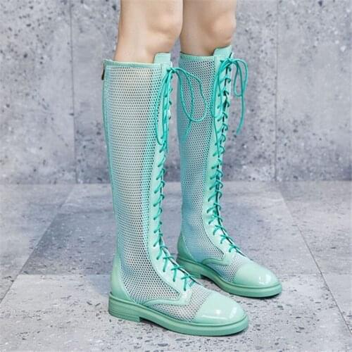 PXELENA 2020 Summer Genuine Cow Leather+Mesh Knee High Boots Gladiator Sandals Low Heels Lace Up Rome Shoes Blue Plus Size 34-42