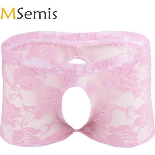 Sexy Panties Men Sissy Erotic Sheer Lace Floral Boxer Shorts Underwear Hot Open Butt Underpant with Penis Hole Gay Slip Lingerie