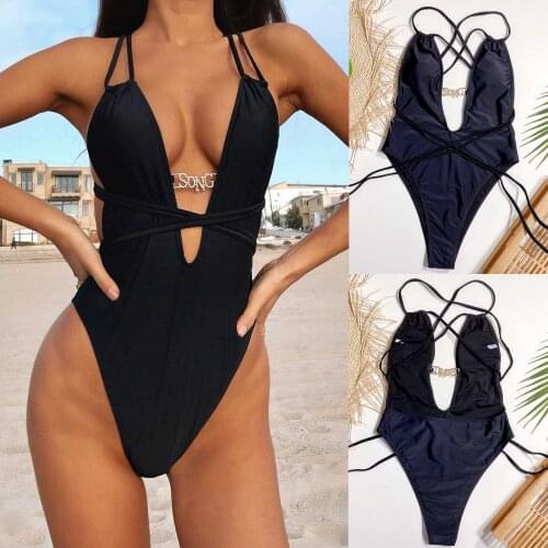 Sexy deep V halter strap Women One-Piece Letter Bikini Push-Up Pad Swimwear Bandage Swimsuit Beachwear bañador anabel pantoja F4