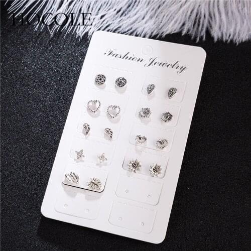 HOCOLE 9 Pairs/Set Vintage Alloy Heart Flowers Leaf Wings Stud Earrings for Women Boho Ancient Silver Color Small Earrings Set