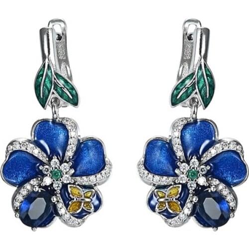 BLACK ANGEL Blue Enamel Plum Blossom Clip Earrings 925 Silver Citrine Gemstone Earrings For Women Fashion Jewelry Wholesale