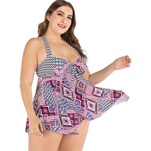 Plus Size Tankini Set Print Two Piece Swimsuit Large Sizes Swimwear Women Vintage Bathng Suit Bowknot Bikinis Swimdress 2020