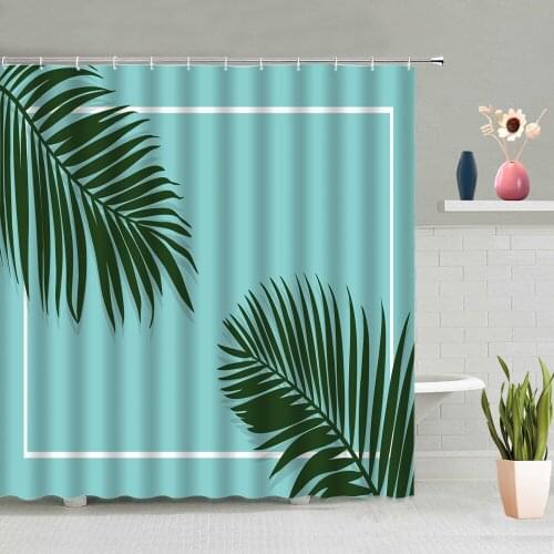 Tropical Plant Green Leaves Shower Curtain Pink Blue Color Simple Background Wall Decor Cloth Bathroom Screen Washable With Hook