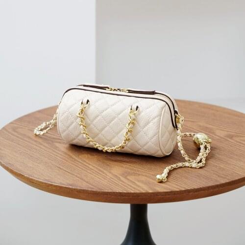 WOONAM Women Fashion Handbag Genuine Calf Leather Quilited Stich Check Barrel Chain Shoulder Crossbody Bag