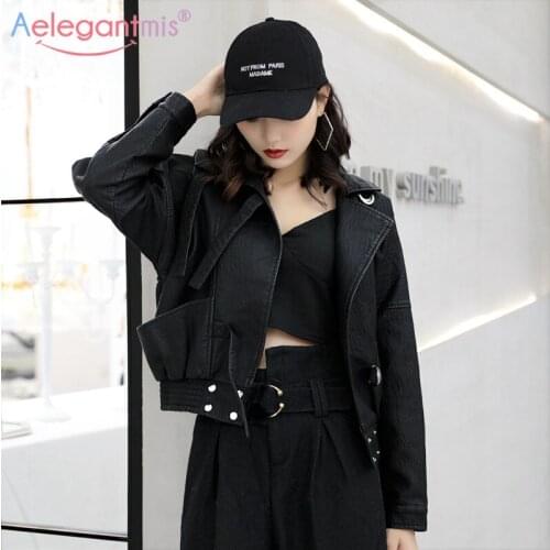 Aelegantmis Women Fashion Punk Loose Leather Jacket Coat Ladies Short Moto Biker Jacket Girl Coat Casual Oversized Outerwear