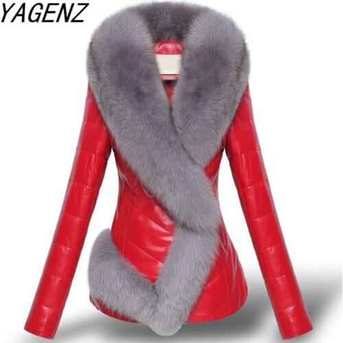 Black Women Winter Faux fox fur PU leather Jacket Warm Thick Down cotton Outerwear Plus size Female Short Faux Leather Coats 3XL