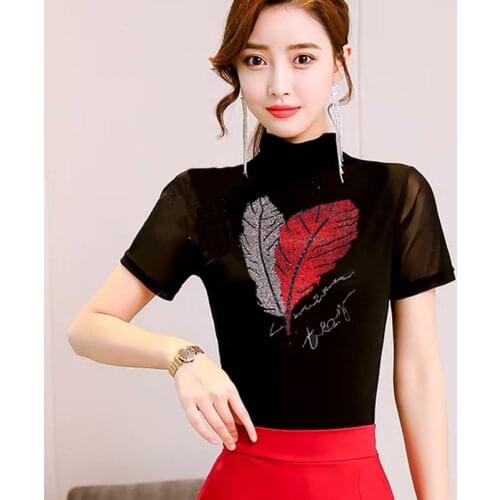 Women Spring Summer Style Sexy Lace Slim Blouses Shirts Lady Casual Short Sleeve Turtleneck Printed Lace Blusas Tops DD8134
