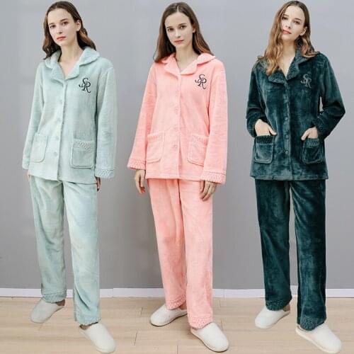 Women Winter Flannel Pajama Sets Thick Warm Coral Fleece Nightwear Embroidery Pijama Men Waffle Cuff Pijamas Plus Size Sleepwear