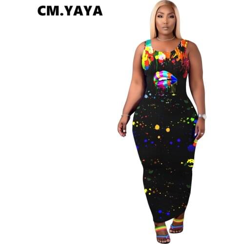 CM.YAYA Women Long Dress Ink Slpash Sleeveless O-neck Stretchy Skinny Bodycon Pencil Maxi Dresses Sexy Fashion Vestidos Summer