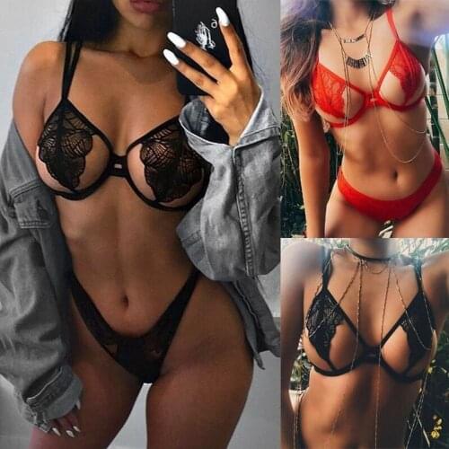 Women Erotic Lingerie Sexy Bra Sets Plus Size Siamese Perspective Underwear Three-Point Thong Open Intimates Femme Brief