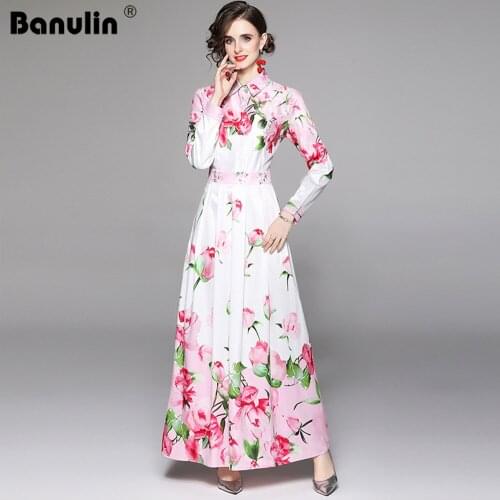 Banulin Runway Long Sleeve Christmas Dresses 2021 Women Turn-down Collar Vintage Floral Print Sashes Long Maxi Dress N7531