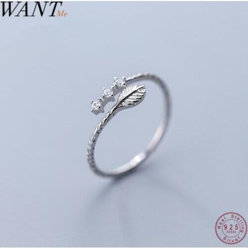 WANTME Genuine 100% 925 Sterling Silver Fashion Opening Pave CZ Leaf Ring for Women Party Wedding Jewelry Accessories Gift