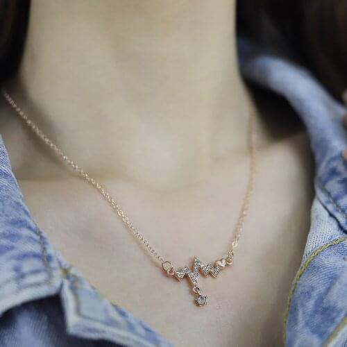 Beating Heart Geometric Round ECG Long Pendant Zircon Necklace for Fashion Women Minimalist Fine Jewelry Cute Accessories Gift