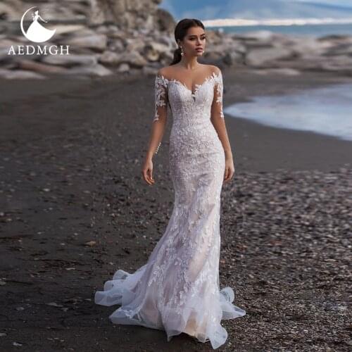 Aedmgh Sheath Mermaid Wedding Dresses 2021 V-Neck Long Sleeve Sweep Train Vestido De Novia Gorgeous Appliques Robe De Mariee