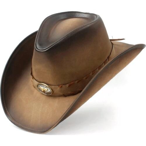 100% Leather Men Western Cowboy Hat For Gentleman Dad Fedora Sombrero Hombre Caps Size 58-59CM