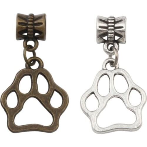 60pcs/lot 2 colors optional Dangle Hollow Paw Print Charm Big Hole Beads Fit European Charm Bracelet Jewelry 16.8x30.5mm A-334a