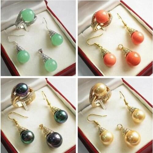 AAA 12mm Round Green Jade/Shell Pearl Beads Pendant Necklace Earrings Ring Set