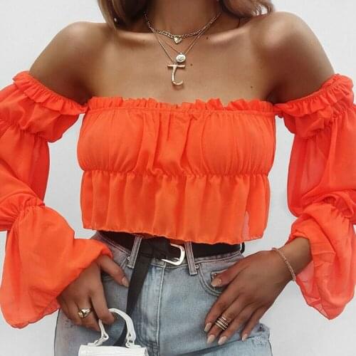 Fashion Ruffle Tops for Sexy Women Off Shoulder Sheer Mesh Puff Long Sleeve Ruffle Crop Blouse Candy Color Blouse Tops