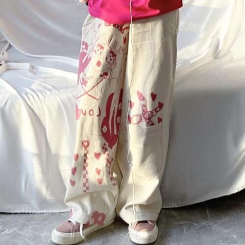 Harajuku Millennial Girl Pink Graffiti Wide-leg Y2k Pants Trousers Print Cotton Loose Straight Leg Women Anime Korean Fashion