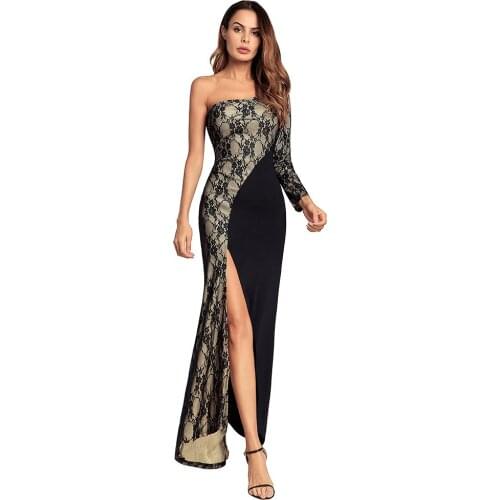 Womens plus size sexy lace mesh split party dress one shoulder long sleeve dress 2021 Elegant evening long maxi dress Gowns