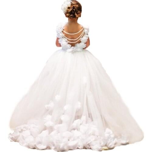 Elegant Handmade Flowers Pearls Backless Kids Flower Girl Dresses For Weddings Sweep Train Girls Princess First Communion Gowns