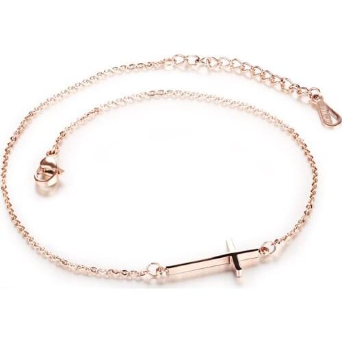 Simple Titanium Steel Rose Gold Color Cross Womens Anklet Jewelry A19039