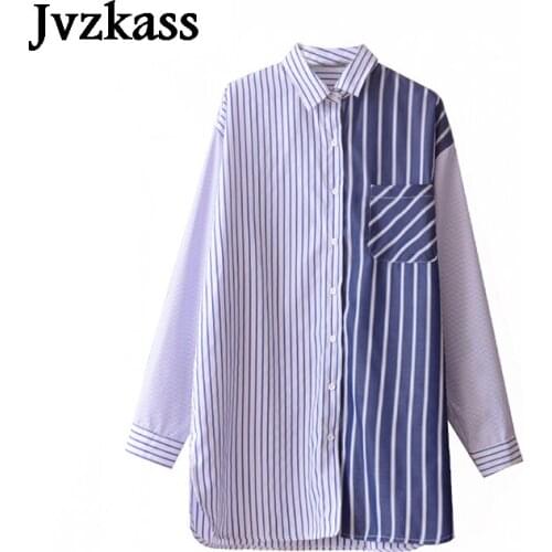 Jvzkass 2018 new spring new small minority stitching design striped shirt female loose bf was thin lazy shirt backing shirt Z126