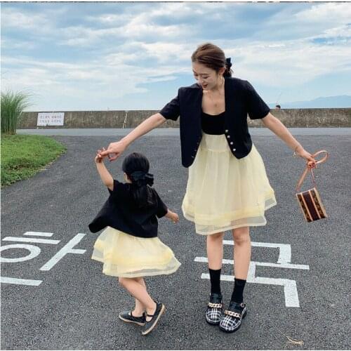 Summer Family Matching Clothing Set Fashion New Short Sleeve Blazer Sling Dress Mother Daughter 2pcs Clothes Suits Family Look