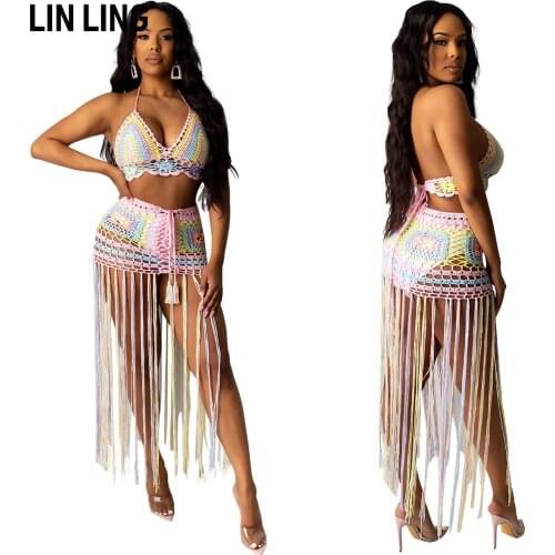 LINLING Summer Sexy Colorful Flower Suspender Lace Up with Perspective Beach Blouse Fashion Suit
