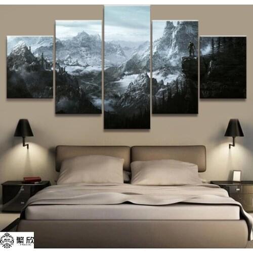 Home Decor Modular Canvas Picture 5 Piece Elder Scrolls V Skyrim Game Painting Poster Wall For Home Canvas Painting Wholesale