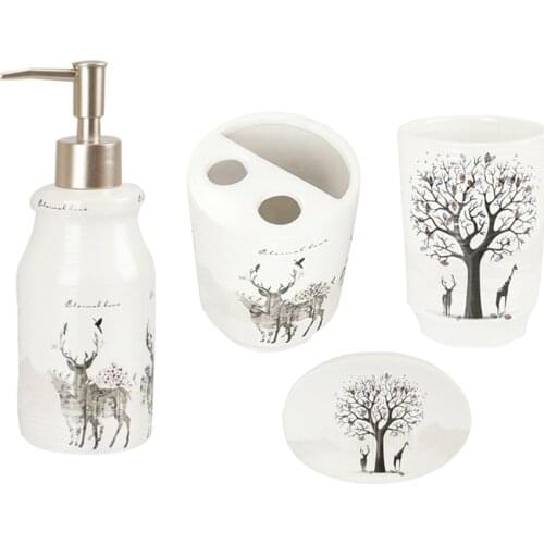 Bathroom Accessories Set, Toothbrush Holder, Soap Dispenser, Soap Dish , Elk, Ceramic, 4 Pieces
