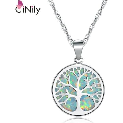 CiNily Green White Fire Opal Necklaces & Pendants Silver Plated Tree of Life Family Roots Round Charm Couples Jewelry Men Grils