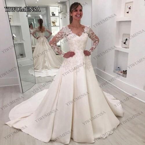 Modest Lace Long Sleeves Wedding Dresses V Neck Appliqued Beaded Bridal Gowns A Line Satin Sweep Train Custom Made Bride Dress