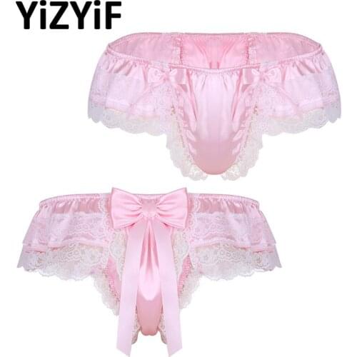 Sexy Men Sissy Shiny Satin Lingerie Double Layers Floral Lace Underwear Back with Big Bowknot Low Rise Gay Bikini Thong Panties
