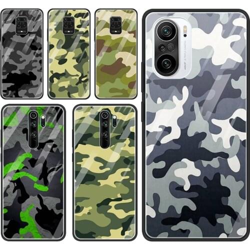 Glass Case For Xiaomi Redmi Note 9 9S 10 8 Pro 7 9C K40 Mi Poco X3 NFC 10T Lite 9T 11 Phone Cover Fundas Military Camouflage Art