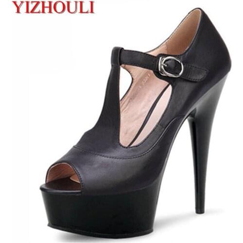 Sexy stiletto, 15cm stiletto 2018 new summer open toe t-button summer topaz crystal high heel womens shoes