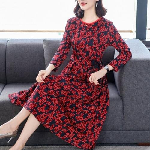 Spring Red Floral Long Sleeve Knitting Dresses 2021 Vintage Casual 3XL Plus Size Women Midi Dress Elegant Bodycon Party Vestidos