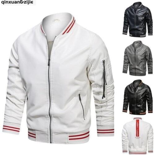 Q&Z New Faux Leather Mens Windbreaker Jackets Zip Up Sports Casual Solid Simple Slim Fit Jacket Men Clothing Autumn Winter2021