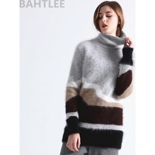 BAHTLEE Winter Womens Angora Turtleneck Knitted Pullovers Wool Jumper Sweater Hole Design Long Sleeves Keep Warm Looser