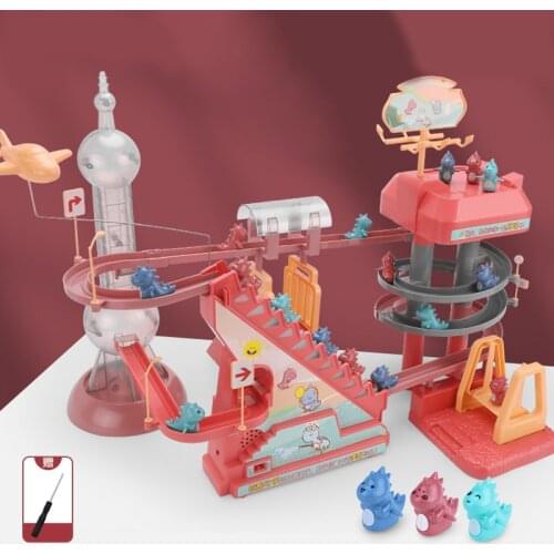 Magical Luminous Rotating Slide Track DIY Dinosaur Climbing Stairs Toy Electric Rotating Slide Assembly Track Toy Sets For Kids