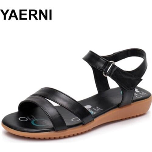 YAERNI Women Sandals Plus Size 34-43 Summer Genuine Leather Women Shoes Woman Flip Flops Ladies Flat Sandal chaussure Sandalias